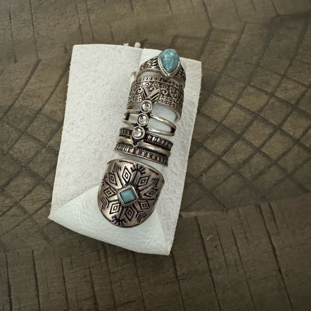 Free People Jewelry Women's 4 Piece Ring Set Blue White Metal